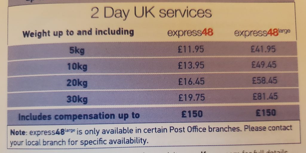 Parcelforce prices 2nd October 2023